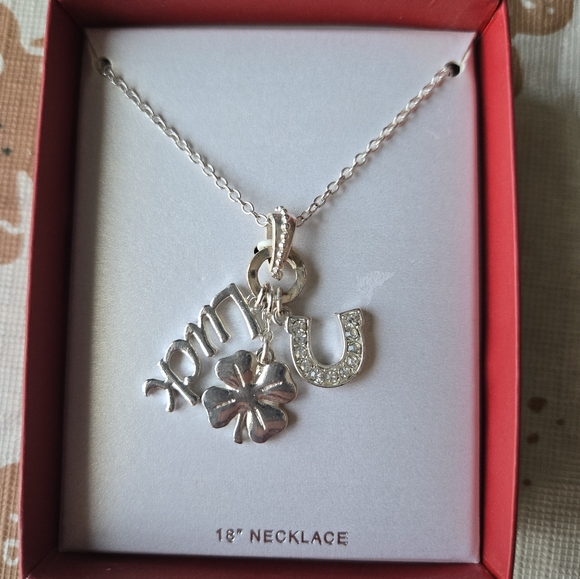 Jewelry - NWT Silver "Luck" 18in Necklace w Horseshoe & 🍀